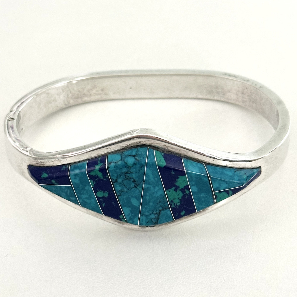 Vintage Taxco Mexico 925 Sterling Silver Turquoise Azurite Chunky Bracelet 6.5"